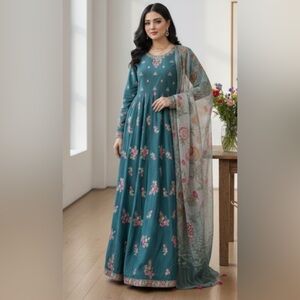 Pakistani Floral Embroidered Maxi Dress - Size XS (Fits Like Small)